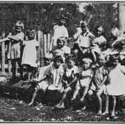 May Holt and children at Greenbushes following evacuation from the Queens Park Children's Cottage Home, Western Australia, ca. 1942.